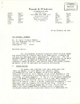 Carta enviada por el estudio jurídico Baker & McKenzie a Davor Harasic, donde se detalla la propuesta de trabajo para representar a la República de Chile en un eventual litigio en Estados Unidos derivado del caso de las uvas contaminadas de 1989