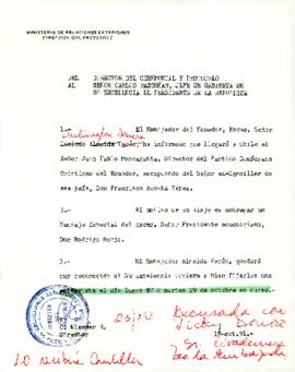 Carta del Director de Ceremonial y Protocolo, del Ministerio de Relaciones Exteriores de Chile, C. Klammer B., dirigida al sr. Carlos Bascuñán, Jefe de Gabinete de S.E. el Presidente de la República