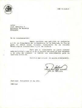 Carta de Carlos Bascuñán Edwards, Jefe de Gabinete Presidencial, a Juan Hamilton D., Ministro de Minería, sobre solicitud de audiencia para Luigi Orlando