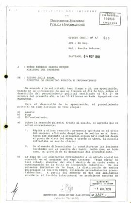 Oficio (RES.) Nº A/098 Desde la Dirección de Seguridad Pública e Informaciones del Ministerio del Interior, de su Director, sr. Isidro Solís Palma, dirigida al sr. Enrique Krauss Rusque, Ministro del Interior