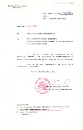 [Carta de Jefe de Gabinete a Sr. Isidro Solís sobre solicitud de rehabilitación en cargo público de Sr. José María Pérez Funtes]