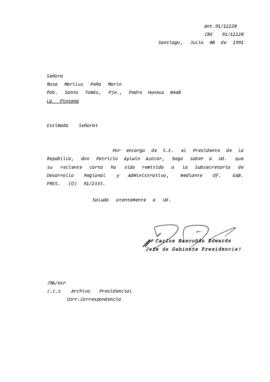 Carta remitida a la Subsecretaría de Desarrollo Regional y Administrativo, mediante Of. GAB. PRES. (O) 91/2333.