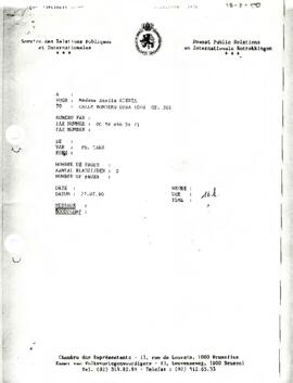 Carta desde Service des Relations Publiques et Internationales, Bruselas, Bélgica, de Ph. TANS, dirigida a madame Amelia Huerta