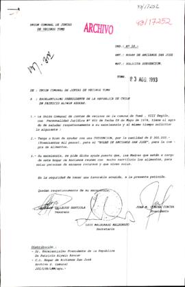 [Carta de Unión de Comuna de Junta de Vecinos de Tomé en que piden solicitud de subvención para e...