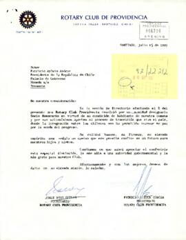 [Carta de Rotary Club Providencia sobre designación de Presidente Aylwin como "Socio Honorario"]