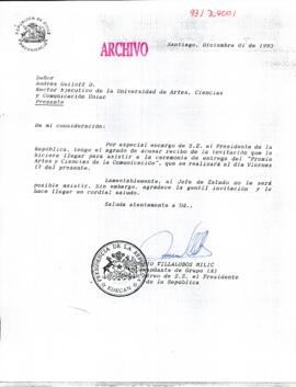 [Lamenta no poder asistir a la ceremonia de entrega del "Premio Artes y Ciencias de la Comunicación"]