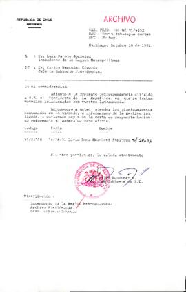 [Oficio del Jefe de Gabinete Presidencial dirigido al Intendente de la Región Metropolitana, Sr. Luis Pareto González]