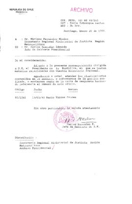 [Oficio  Gab. Pres. Ord. N° 0240 de Jefe de Gabinete Presidencial, remite copia de carta que se indica]