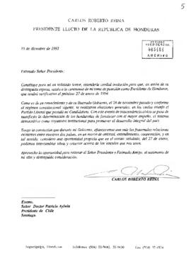 Carta del Presidente Electo de Honduras Señor Carlos Roberto Reina, dirigida al Excelentísimo Señor Patricio Aylwin Azócar, Presidente de Chile