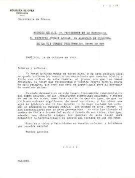 Brindis de s.e. el presidente de la república, D. Patricio Aylwin Azócar, en almuerzo de clausura de la VII cumbre presidencial grupo de rio.