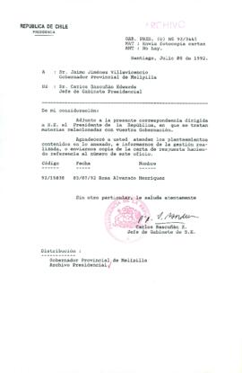 [Carta del Jefe de Gabinete de la Presidencia a Gobernador Provincial de Melipilla]