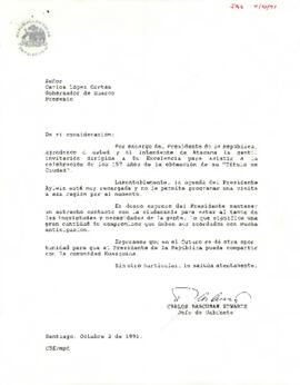 Carta de Carlos Bascuñán Edwards, Jefe de Gabinete Presidencial, a Carlos López Cortés, Gobernador de Huasco, sobre invitación al Presidente de la República a celebración del aniversario del título de ciudad de Huasco