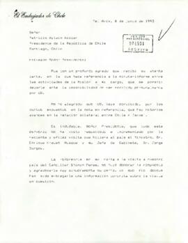 Carta de Marcos Alvarez Garcia, Embajador de Chile en Israel, a Patricio Aylwin Azocar, Presidente de la República, sobre coordinación de visita del Canciller Shimon Peres a Chile