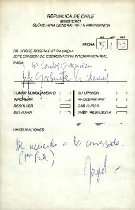 Nota del Jefe División de Coordinación Interministerial, sr. Jorge Rosenblut Ratinoff, dirigida al Sr. Carlos Bascuñán, Jefe Gabinete Presidencial