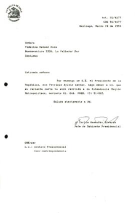[Informa que carta fue remitida a Intendencia RM, mediante Of. GAB. PRES. (0) 91/805]