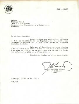 Carta de Carlos Bascuñán Edwards, Jefe de Gabinete Presidencial, a Liliana Mahn S., Jefa de la División Social del Ministerio de Planificación y Cooperación, sobre solicitud de audiencia de José Jofré González
