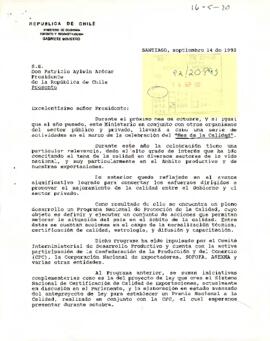 Carta desde el Ministerio de Economía, Fomento y Reconstrucción, de su Ministro, sr. Carlos Ominami Pascual, dirigida a S.E. Don Patricio Aylwin Azócar