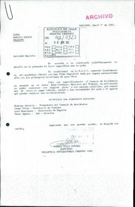 [Solicita gestión para que el Ministro del Trabajo René Cortazar de una charla en inauguración de año académico de la Residencia Universitaria Cardenal Caro]