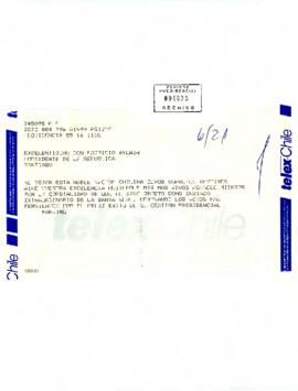 Telegrama enviado por el representante de la Santa Sede, Cardenal Renato Raffaele Martino, dirigido al Presidente Patricio Aylwin.