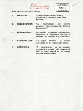 Discurso del Presidente Patricio Aylwin en el acto de inauguración del año escolar 1994, presentado como anteproyecto y distribuido en 20 páginas