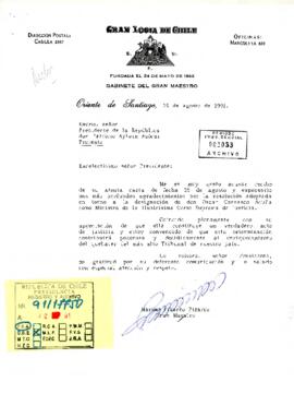 Carta de Mario Pizarro Pizarro, Gran Maestro de la Gran Logia de Chile, a Patricio Aylwin Azócar, con relación a agradecimiento por designación de Ministro de la Corte Suprema