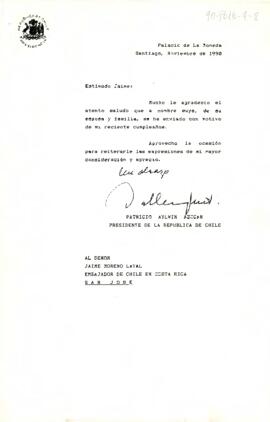 [Carta de respuesta a saludo de cumpleaños de Embajador de Chile en Costa Rica]