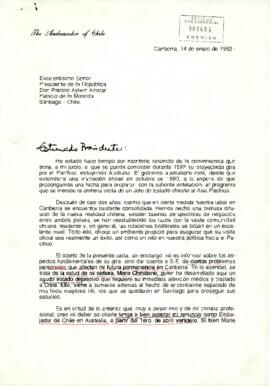 Carta del Embajador de Chile en Canberra, Australia, sr. Juan Salazar Sparks, dirigida al Excelentísimo Señor Presidente de la República, Don Patricio Aylwin Azocar