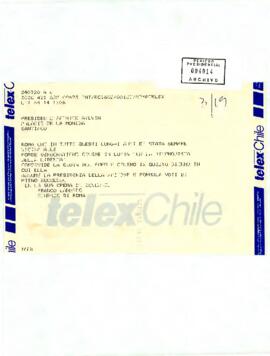 Telegrama enviado desde Roma por el alcalde sr. Franco Carraro dirigido al Presidente Patricio Aylwin