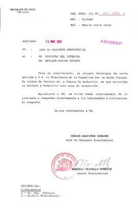 [Oficio Gab. Pres. Ord. N° 1256 de Jefe de Gabinete Presidencial, remite copia de carta que se indica]