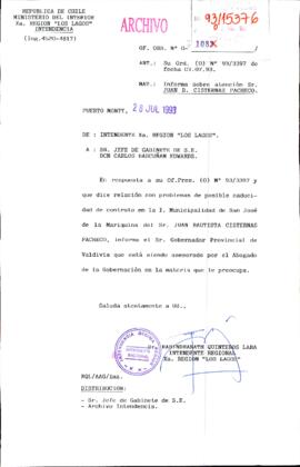 [Oficio del Intendente de la Región de Los Lagos dirigido al Gabinete Presidencial, referente a situación laboral en Municipalidad de San José de la Marquina]