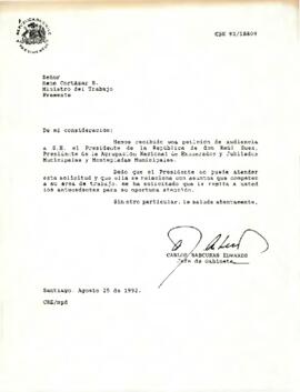 Carta del Jefe de Gabinete, Carlos Bascuñán Edwards, dirigida al señor René Cortázar S., Ministro del Trabajo