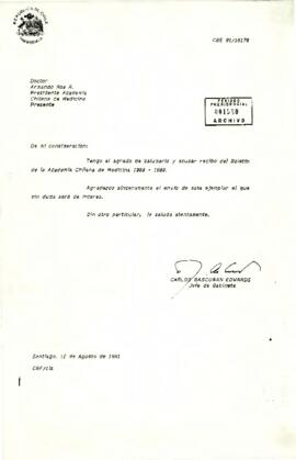 Carta de Carlos Bascuñán Edwards, Jefe de Gabinete Presidencial, a Armando Roa R., Academia Chilena de Medicina, sobre recepción de boletín