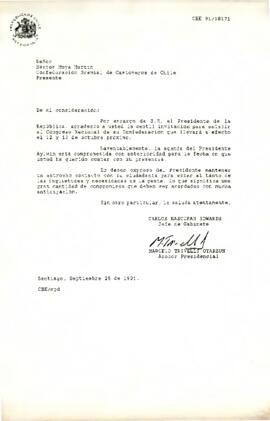 Carta de Carlos Bascuñán Edwards, Jefe de Gabinete Presidencial, a Héctor Moya Martín, Presidente de la Confederación Gremial de Camioneros de Chile, sobre invitación al Presidente de la República a Congreso Nacional de la Confederación