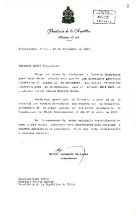 Carta del Presidente de Honduras Señor Rafael Leonardo Callejas, dirigida al Excelentísimo Señor Patricio Aylwin Azócar, Presidente de la República de Chile