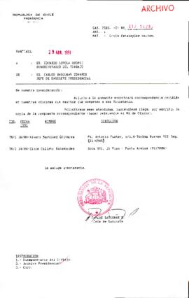 [Se remite fotocopia de correspondencia a Subsecretario del Trabajo]