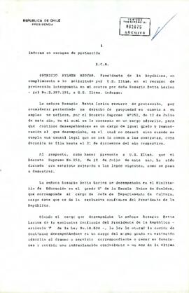 Informe remitido por el Presidente Patricio Aylwin a la I. Corte de Apelaciones de Santiago, en respuesta al recurso de protección presentado por Rosario Betta Larios (rol 2.397-1991)