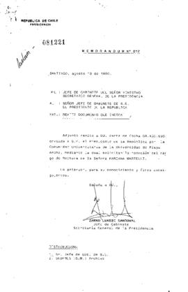 Memorándum [Nº 017] enviado por el Jefe de Gabinete del Ministro Secretario General de la Presidencia al Jefe de Gabinete de S.E. el Presidente de la República, mediante el cual remite carta de la Comunidad Universitaria de la Universidad de Playa Ancha