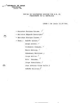 Nómina de asistentes a una reunión con el Presidente de la República, realizada el lunes 4 de junio a las 16:30 horas