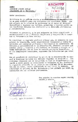 [Carta de militantes de diversos partidos políticos dirigida al Presidente Patricio Aylwin, referente a visita a Longaví]