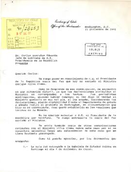 Carta de Patricio Silva Echenique a Carlos Bascuñán Edwards con relación a envío de fax sobre caso embargo de fruta chilena