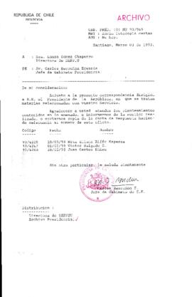 [Oficio  Gab. Pres. Ord. N° 0949 de Jefe de Gabinete Presidencial, remite copia de carta que se indica]