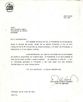 Carta de Carlos Bascuñán Edwards, Jefe de Gabinete Presidencial, dirigida al Señor Raul Guzmán Castro Presidente de ASACH