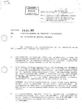 Oficio enviado por el Director General de Deportes y Recreación al Ministro de Defensa, informando el estado financiero y organizativo de los Segundos Juegos Panamericanos de Invierno