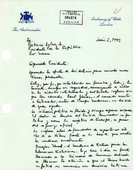 Carta de Embajador de Chile en Reino Unido a Patricio Aylwin, Presidente de la República, sobre impresiones políticas y comerciales en Europa