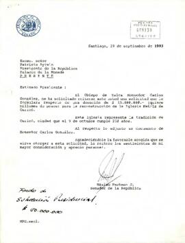Carta desde el Senado de la República, del senador Máximo Pacheco G., dirigida al Excmo. señor Patricio Aylwin, Presidente de la República