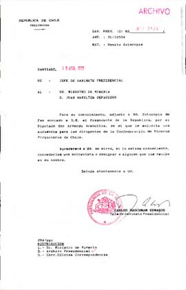 [Remite solicitud de audiencia de los dirigentes de la Confederación de Mineros  Pirquineros de Chile]