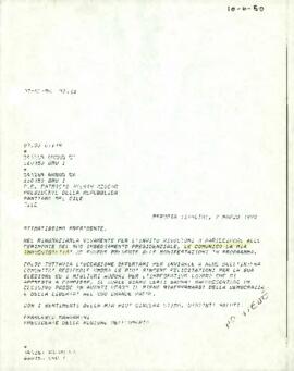 Carta del Presidente della Regione dell´Umbría, sr. Francesco Mandarini, dirigida al Presidente electo de Chile, sr. Patricio Aylwin Azócar