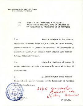 Carta del Director del Ceremonial y Protocolo, Ministerio de Relaciones Exteriores, a Carlos Bascuñán, Jefe de Gabinete Presidencial, sobre solicitud de audiencia para administrador de la Agencia Internacional de Cooperación al Desarrollo (AID)