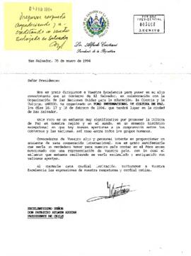 Carta desde la República de El Salvador en la América Central, del Lic. Alfredo Cristiani, Presidente de la República, dirigida al señor Presidente Excelentísimo Señor Dn. Patricio Aylwin Azócar