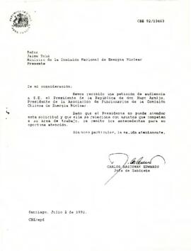 Carta de Carlos Bascuñán Edwards, Jefe de Gabinete Presidencial, a Jaime Tohá, Ministro Presidente de la Comisión Nacional de Energía Nuclear, sobre solicitud de audiencia de Hugo Armijo Martínez
